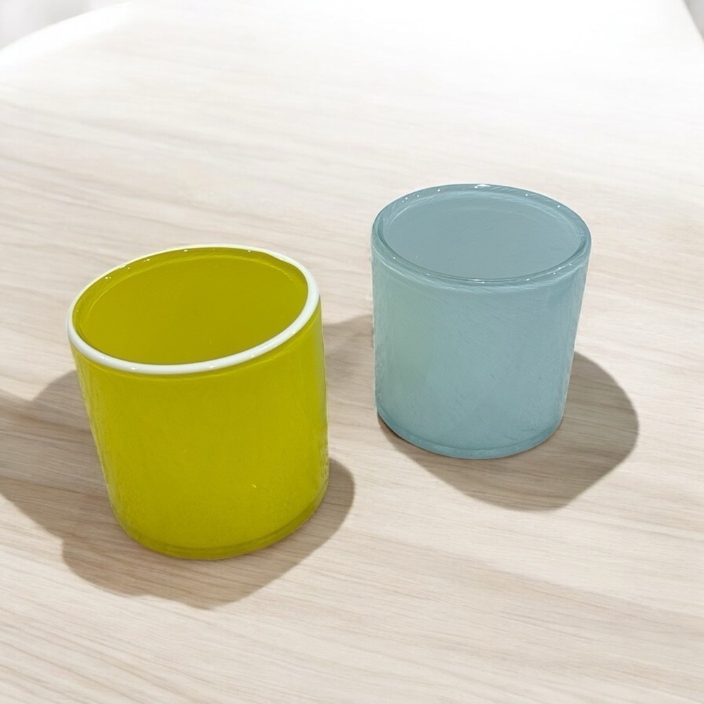 2 Glass Vases Yellow and Blue with White Patterning